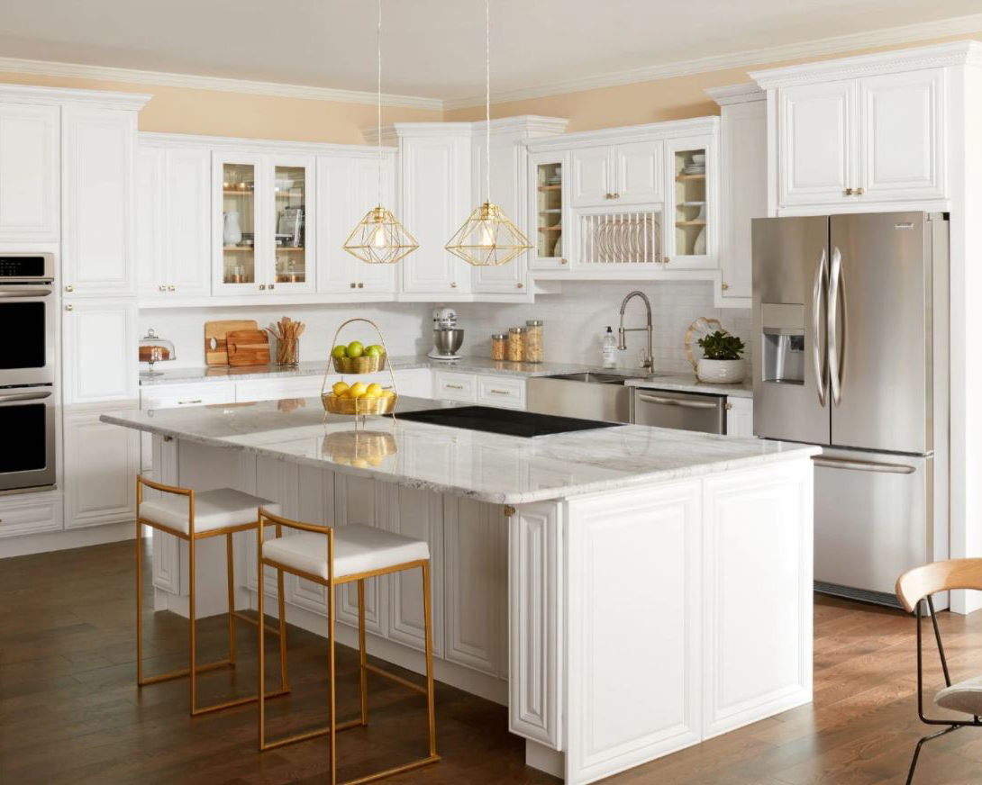Kitchen with Aspen White Style Ready to Assemble (RTA) Kitchen Cabinets.